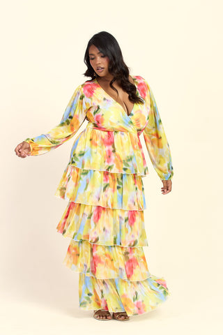 Curve Floral Print Ruffle Balloon Sleeve Maxi Dress
