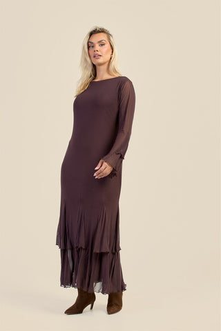 Curve Godet Skirt Flare Sleeve Mesh Maxi Dress