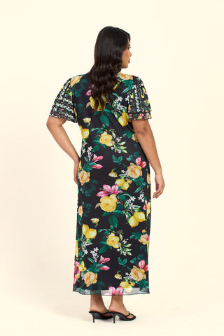 Curve Mixed Lemon Print Flutter Sleeve V Neck Midi Dress
