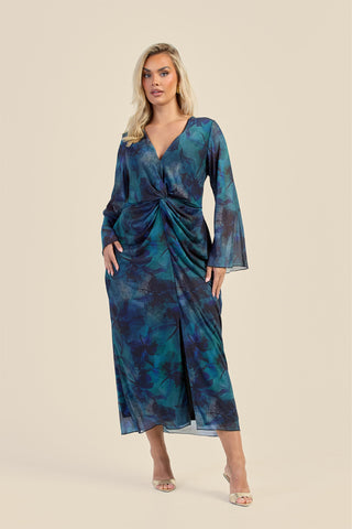 Curve Teal Floral Twist Front Mesh Midi Dress