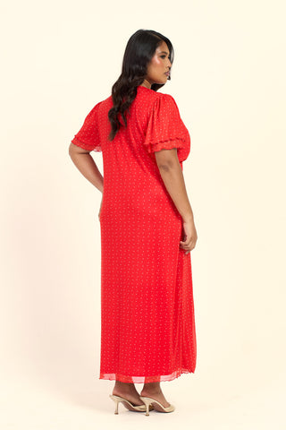 Curve Polka Dot Flutter Sleeve V Neck Midi Dress
