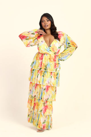 Curve Floral Print Ruffle Balloon Sleeve Maxi Dress