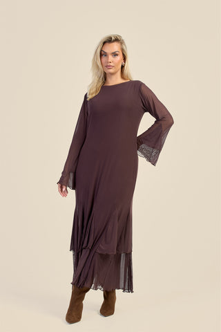 Curve Godet Skirt Flare Sleeve Mesh Maxi Dress