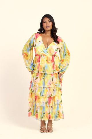Curve Floral Print Ruffle Balloon Sleeve Maxi Dress