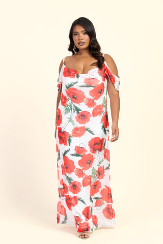 Curve Cold Shoulder Poppy Print Strappy Maxi Dress