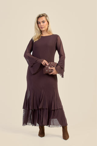 Curve Godet Skirt Flare Sleeve Mesh Maxi Dress