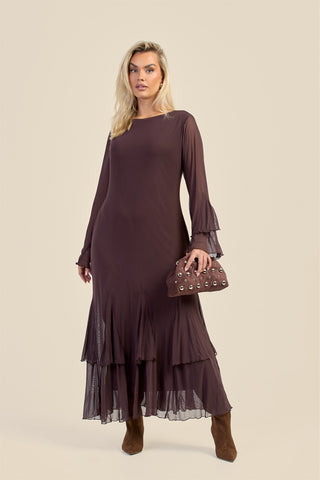 Curve Godet Skirt Flare Sleeve Mesh Maxi Dress