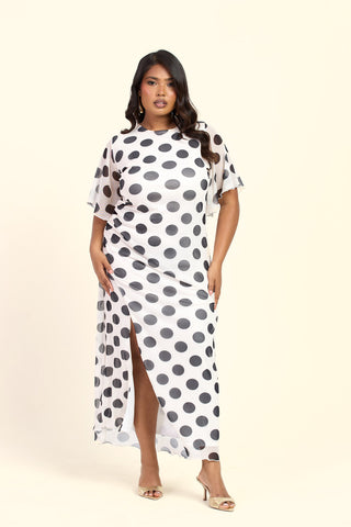Curve Flutter Sleeve Large Polka Dot Ruched Side Maxi Dress