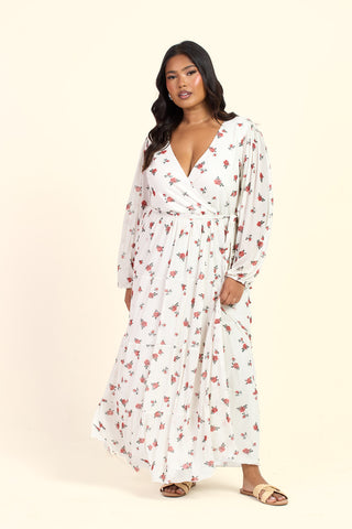 Curve Ditsy Print Tiered Wrap Belted Maxi Dress