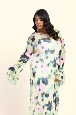 Curve Blurred Floral Round Neck Long Sleeve Ruffle Swing Midaxi Dress
