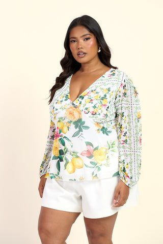 Curve Mixed Lemon Print Balloon Sleeve Blouse
