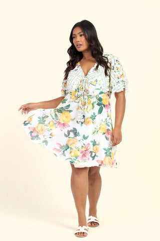 Curve Mixed Lemon Print Flutter Sleeve Mini Skater Dress