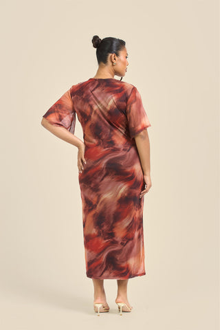 Curve angel sleeve abstract mesh midi dress