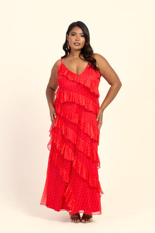 Curve Red Polka Dot Ruffle Strappy Maxi Dress