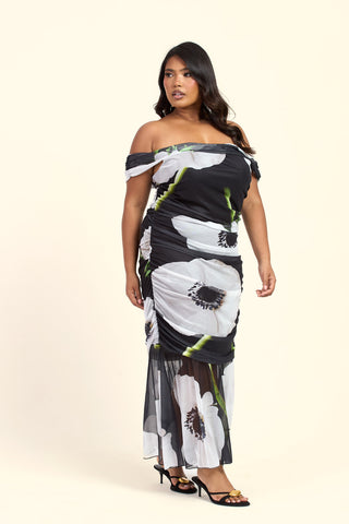 Curve Bold Floral Print Bardot Ruched Midi Dress