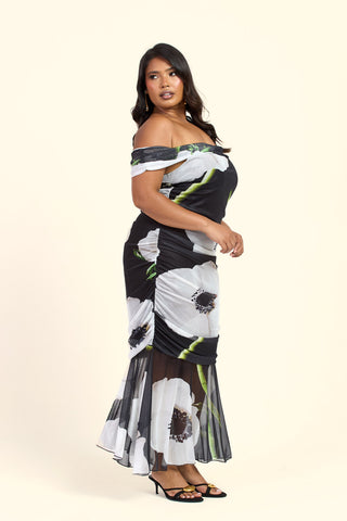 Curve Bold Floral Print Bardot Ruched Midi Dress