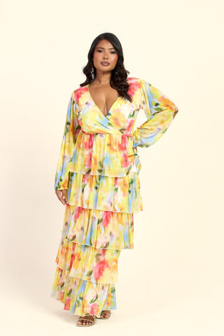 Curve Floral Print Ruffle Balloon Sleeve Maxi Dress