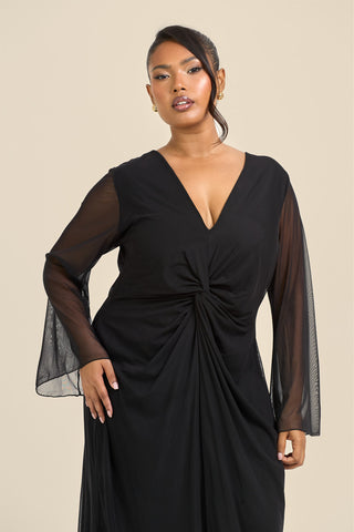 Curve Twist Front Flare Sleeve Black Mesh Midi Dress