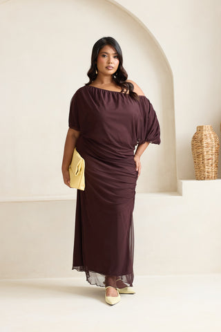 Curve Drop Shoulder Ruched Mesh Chocolate Midaxi Dress