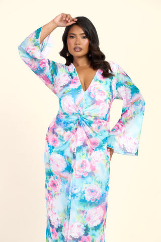 Curve Blurred Floral Pastel Flare Sleeve Twist Front Midi Dress