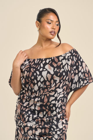 Curve Drop Shoulder Animal Print Mesh Midi Dress