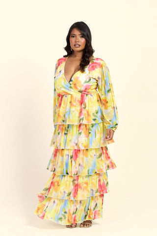 Curve Floral Print Ruffle Balloon Sleeve Maxi Dress