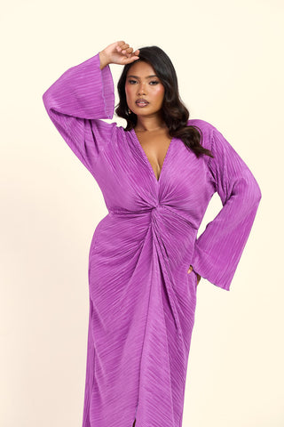 Curve Twist Front Flare Sleeve Plisse Midaxi Dress