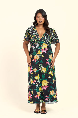 Curve Mixed Lemon Print Flutter Sleeve V Neck Midi Dress