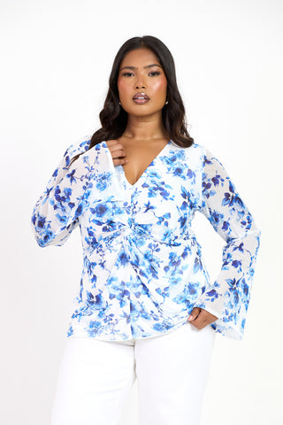 Curve Blue Floral Twist Front Flare Sleeve Top