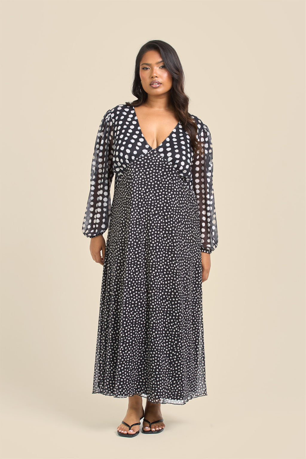 Plus Size Lace Patchwork V-Neck Balloon Sleeve Midi Dress