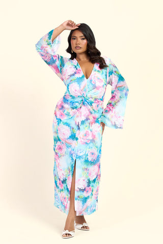 Curve Blurred Floral Pastel Flare Sleeve Twist Front Midi Dress