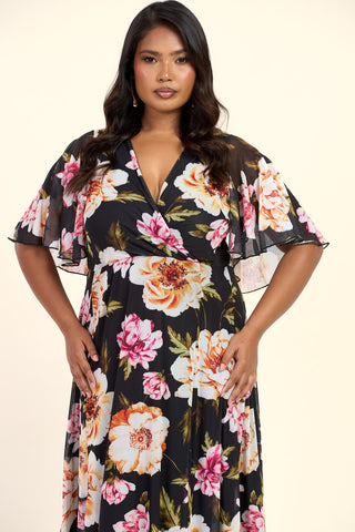 Curve Dark Floral Angel Sleeve Maxi Dress