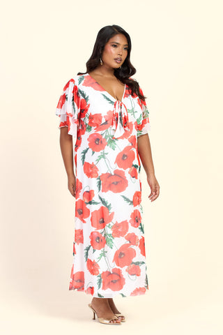 Curve Poppy Print Flutter Sleeve Tie Front V Neck Midi Dress