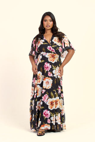Curve Dark Floral Angel Sleeve Maxi Dress