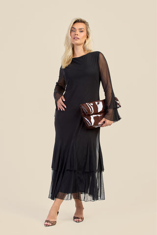 Curve Godet Skirt Flare Sleeve Mesh Maxi Dress