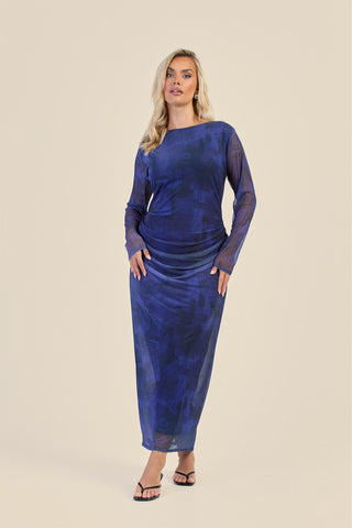 Curve Navy Abstract Ruched Mesh Midaxi Dress