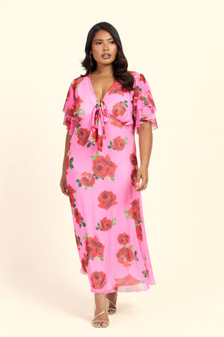 Curve Bold Floral Flutter Sleeve Tie Front Midi Dress
