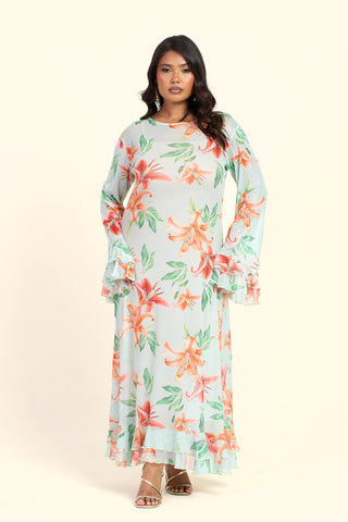 Curve Lily Print Long Sleeve Ruffle Swing Maxi Dress