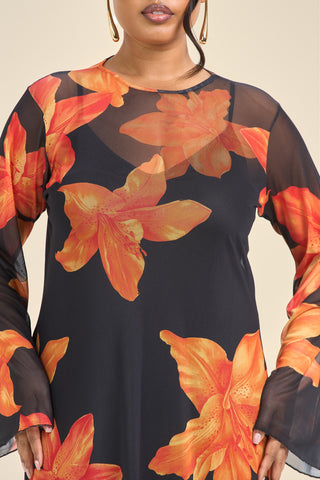 Curve Swing Style Bold Floral Mesh Midaxi Dress