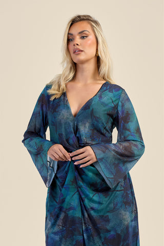 Curve Teal Floral Twist Front Mesh Midi Dress