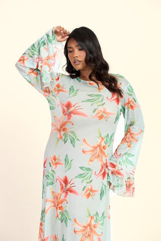 Curve Lily Print Long Sleeve Ruffle Swing Maxi Dress