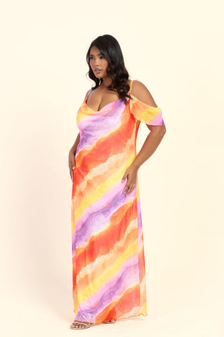 Curve Cold Shoulder Ombre Marble Print Maxi Dress