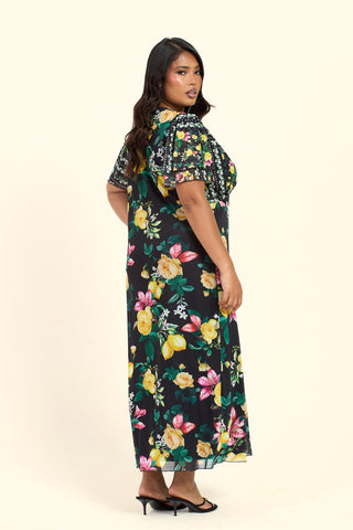 Curve Mixed Lemon Print Flutter Sleeve V Neck Midi Dress
