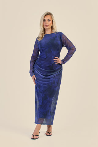 Curve Navy Abstract Ruched Mesh Midaxi Dress