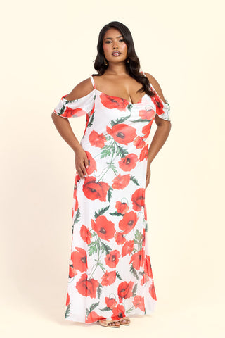 Curve Cold Shoulder Poppy Print Strappy Maxi Dress