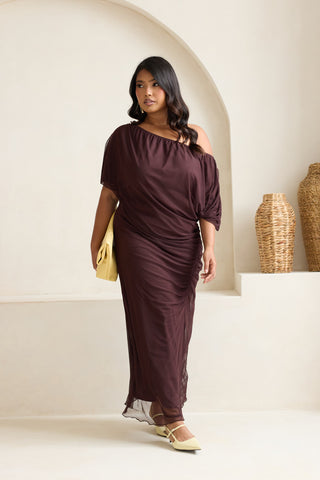 Curve Drop Shoulder Ruched Mesh Chocolate Midaxi Dress