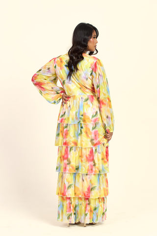 Curve Floral Print Ruffle Balloon Sleeve Maxi Dress