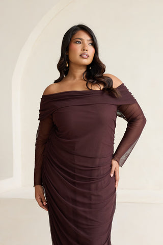 Curve Bardot Ruched Mesh Midaxi Dress