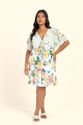 Curve Mixed Lemon Print Flutter Sleeve Mini Skater Dress