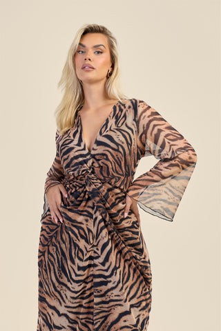 Curve Brown Tiger Print Twist Front Flare Sleeve Midaxi Dress